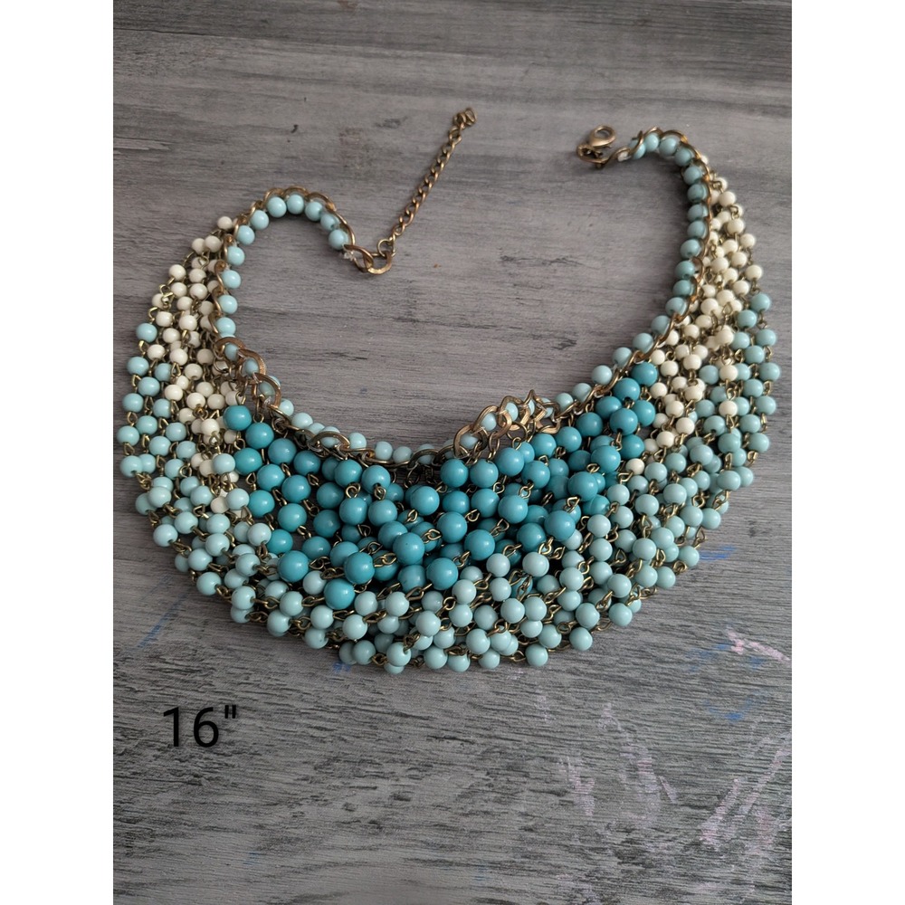 Blue Ombre Multi Strand Beaded Bib Statement Necklace Gold Tone Chain 16in
